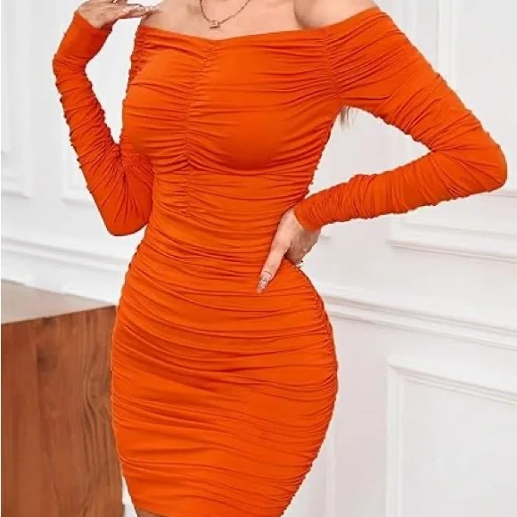 orange ribbed long sleeve bardot ruched bodycon dress Plus Size Ribbed Long Sleeve Bardot Ruched Bodycon Dress Missguided Dresses  Plus Ls Bardot Ruched Bummini Dress Orange